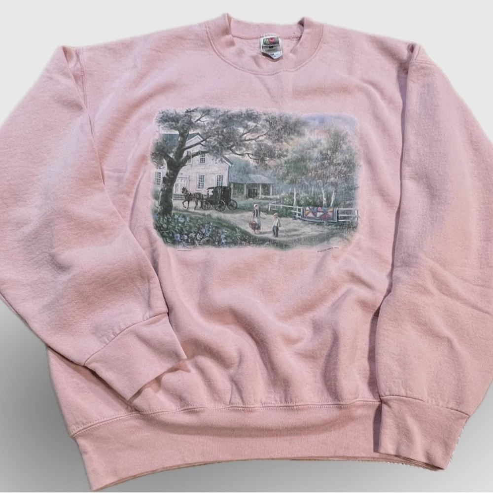 VINTAGE 80s country house graphic crewneck sweatshirt kids quilts horse carriage